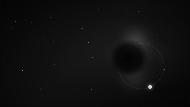 Dark, minimalist cosmic scene featuring a single glowing white sphere on the right with faint orbital lines and scattered tiny white dots, evoking deep space.