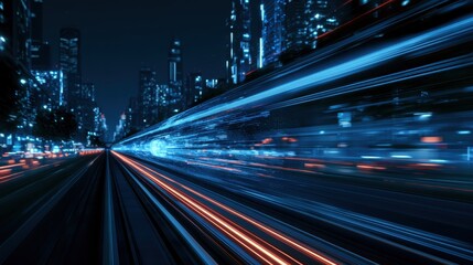Fototapeta premium High speed motion blur of light trails from train and cityscape at night with futuristic technology and urban transportation concept in blue and orange color scheme