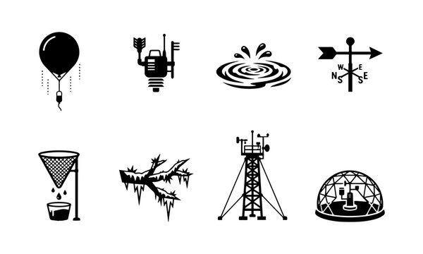Meteorology Equipment Icons Set Weather Instruments Weather Balloon Radiosonde Water Ripples Weather Vane Rain Collector Icicles Anemometer Tower Geodesic Greenhouse Vector Silhouettes Isolated White 