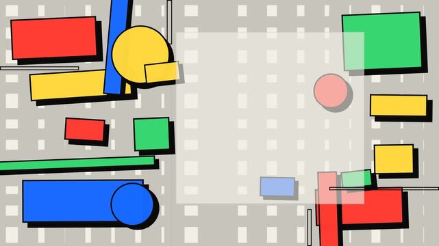 Lively abstract geometric background with primary and secondary colored shapes scattered around a central transparent rectangle, ideal for text or branding.
