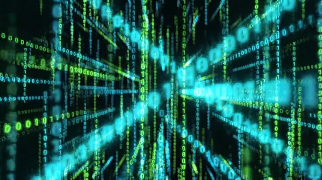 Glowing binary code digital rain matrix tunnel cyber technology background, loop data stream