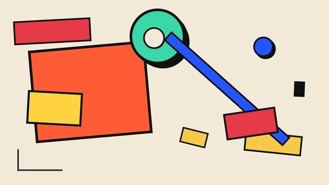 Whimsical abstract geometric composition featuring an assortment of primary colored shapes and lines on a light cream background, offering a playful modern design.