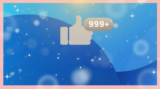 Social media like icon featuring a thumbs up symbol with a counter displaying nine hundred ninety nine plus notifications set against a glowing blue sparkling abstract background design.