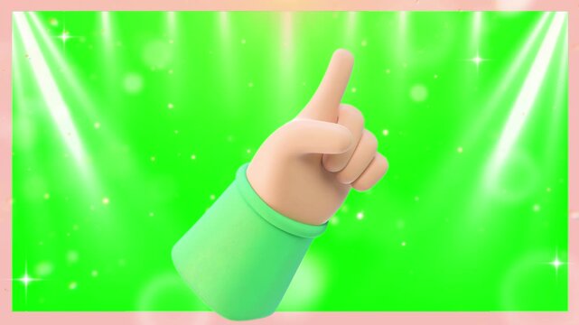 Human hand pointing upward with an index finger extended, rendered in a smooth 3D style against a bright green background illuminated by overhead theatrical spotlights.