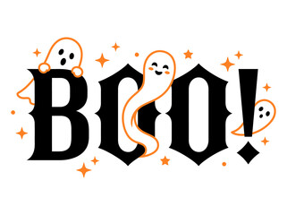 Obraz premium Halloween boo text featuring friendly ghosts and orange stars