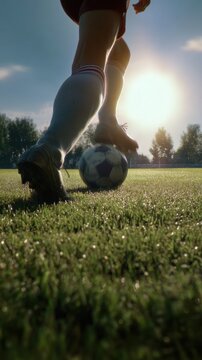 Soccer Player Controlling Ball on Field at Sunset