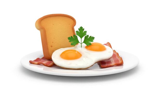 3D Animated Breakfast Plate with Fried Eggs Bacon and Toast