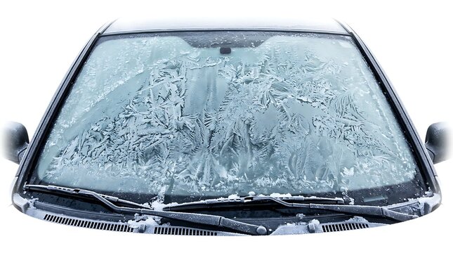 Intricate frost patterns on a car windshield during a cold winter morning