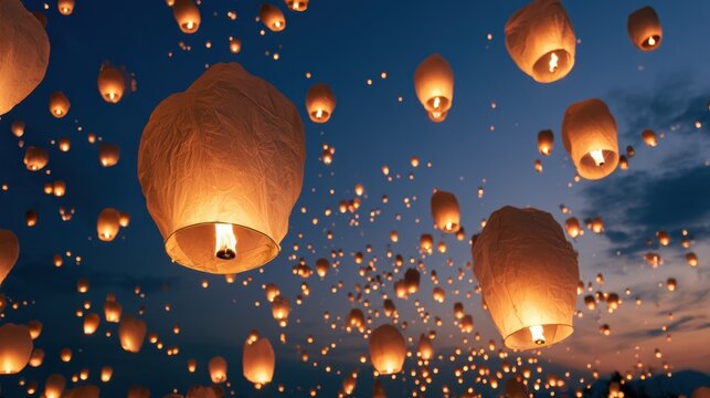 Glowing paper lanterns floating into the night sky during a festive celebration with warm light illuminating the scene and colorful twilight background