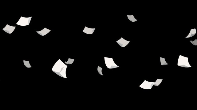 White paper sheets flow continuously along a broad S-shaped path with varied timing, scale, and rotation, creating a smooth motion overlay ideal for office, document, business, and transition visuals.