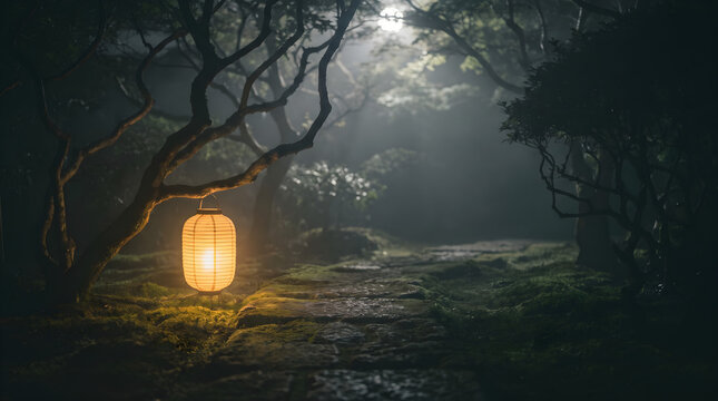 Glowing paper lantern hanging in a dark misty garden at night