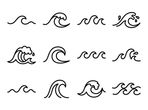 Collection of hand-drawn black and white ocean wave illustrations for design projects.