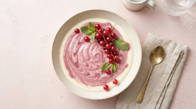Creamy dessert with red currants and mint swirls in a bowl