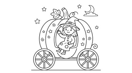 Cute witch girl in flying pumpkin carriage coloring page outline, fairy tale vector illustration for kids activity book, magic moon night stars