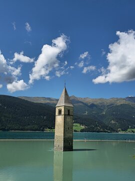 Romanesque Curon Bell Tower in Lake Resia Italy