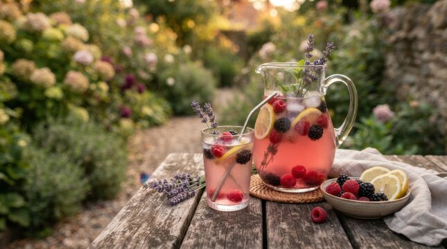 Refreshing berry and lemon infused drink served in a garden setting