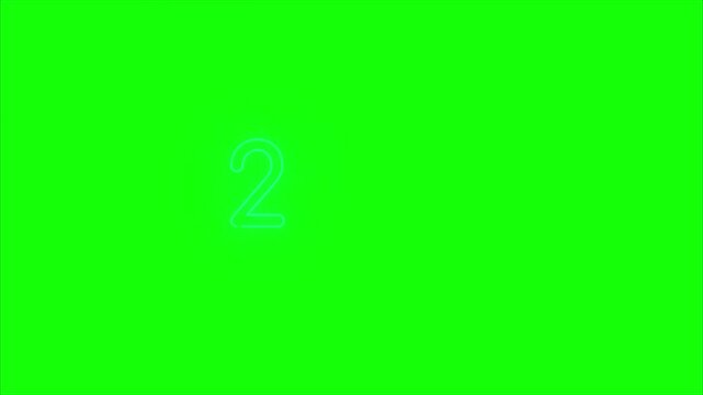 Glowing digital number two graphic emitting a subtle neon outline in the center of a solid bright green screen backdrop, designed as a minimalist countdown element for video edit.