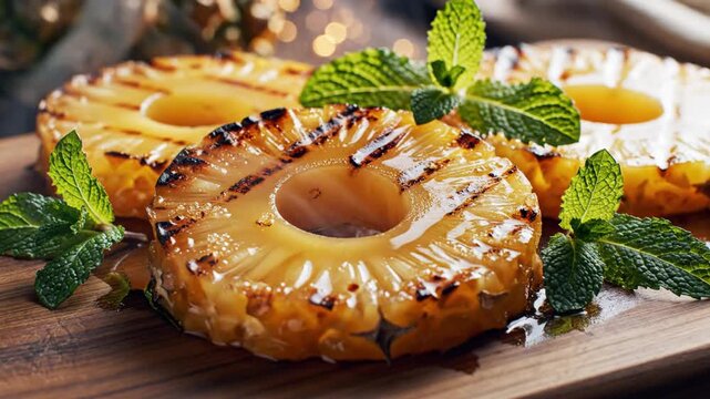 Grilled pineapple rings with fresh mint on wooden board