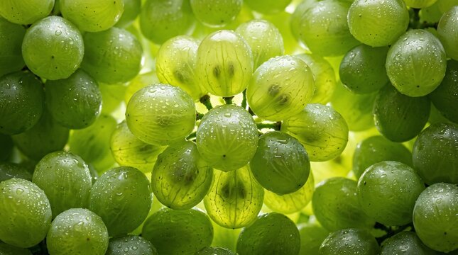 Close-up shot of fresh, juicy green grapes glistening with water droplets