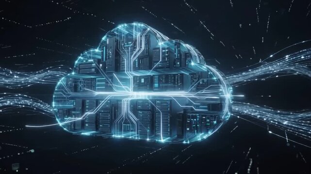 Cloud Computing Digital Abstract: An abstract digital representation of a cloud, intricately designed with glowing circuits and data streams.