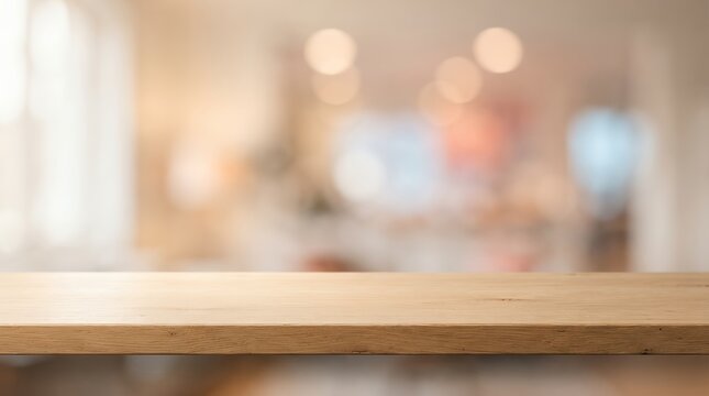Empty wooden table top, blurred cafe interior background, warm bokeh light for product display