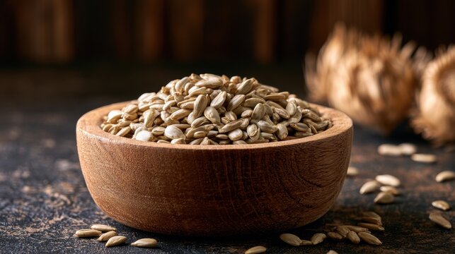 Close-up of wooden bowl filled with natural peeled sunflower seed kernel on dark textured surface with dried sunflower seed shell in background