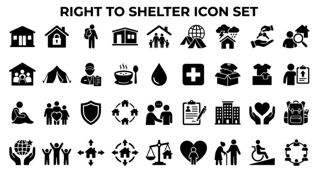 Right to shelter icon set. Humanitarian aid and emergency housing vector symbols.