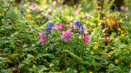 Obraz premium Spring wildflowers and ferns covering forest floor after rain