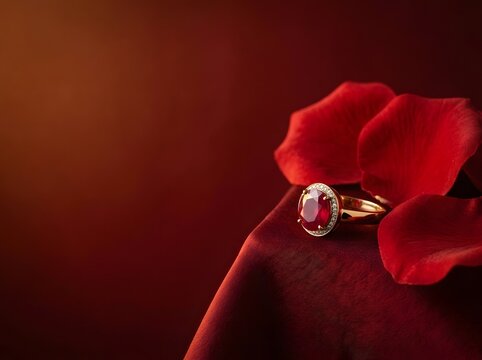 Oval cut ruby ring with diamond halo set in gold band placed on red satin silk fabric next to soft red rose petals under warm dramatic studio lighting with negative copy space