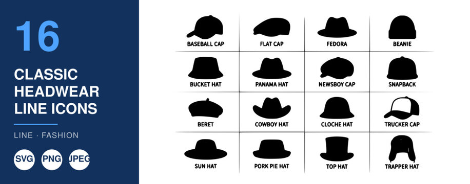 Classic Headwear Line Icons Set, Baseball Cap, Panama Hat, Newsboy Cap, and Trucker Cap Design