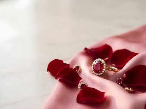 Oval red ruby engagement ring with diamond halo, matching ruby stud earrings set in gold, resting on pink silk with scattered red rose petals against a light marble surface.