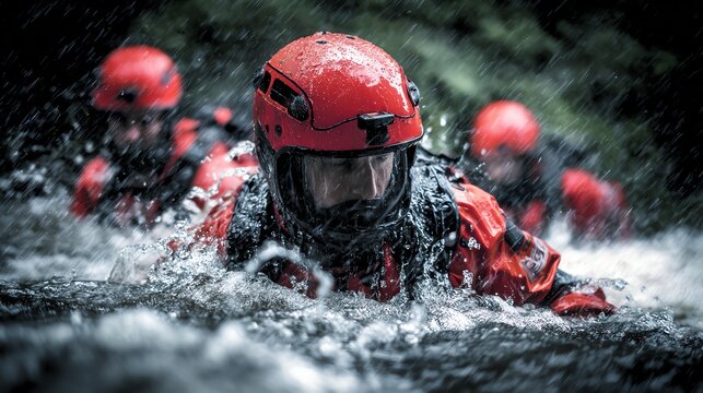 Rescue team navigating rapid water currents.