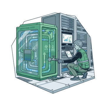 Technician optimizing green cooling in sustainable data center for eco-friendly blogs