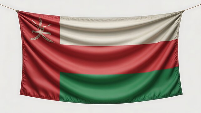 The national flag of Oman, depicted as a richly colored fabric hanging from a thin wire against a stark white background, showcasing its distinct red, white, and green horizontal stripes and emblem.