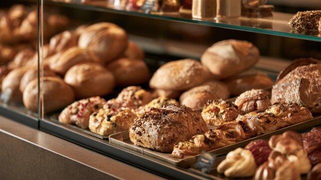 Freshly baked artisan bread and assorted pastry variety displayed in glass bakery case with warm lighting showcasing golden crust and textured topping close-up