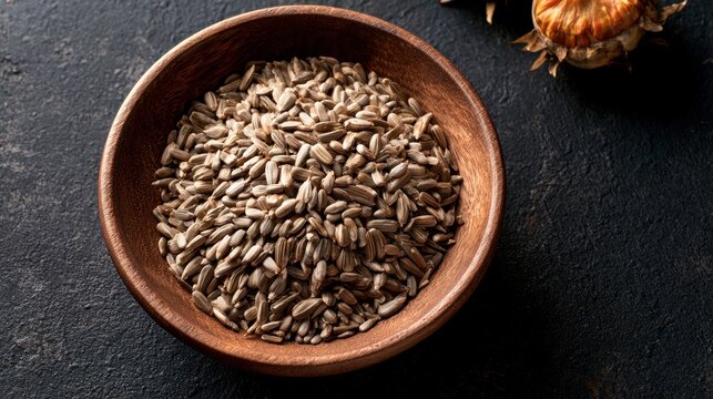 Close-up of a wooden bowl filled with shelled sunflower seed kernel on dark textured surface with part of sunflower head in background natural organic healthy snack option