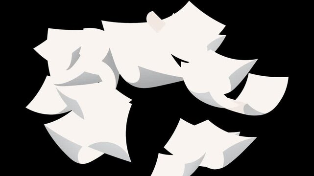 White paper sheets explode outward from a compact central bundle, scatter toward the frame edges, then regroup in a smooth loop, creating a motion overlay for office, business, and transition visuals.