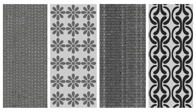 Collection of four different decorative pattern designs in gray scales featuring woven fabric flowers and chain links.