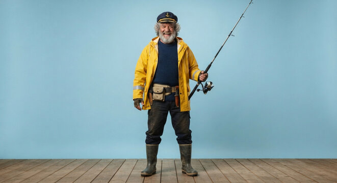 Happy Senior Fisherman Holding a Fishing Rod Wearing Yellow Waterproof Gear on a Wooden Pier