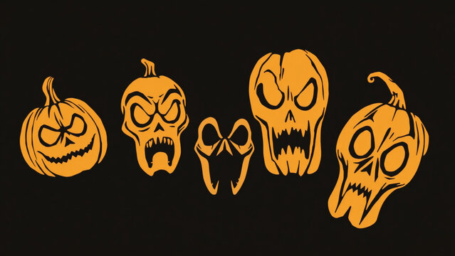 Set of five spooky halloween pumpkin faces with scary expressions and jagged teeth, vector illustration design elements for holiday decorations on black background