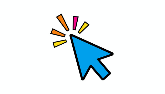 Bold cartoon computer cursor arrow in bright blue color clicking with dynamic sparks in orange yellow and pink.