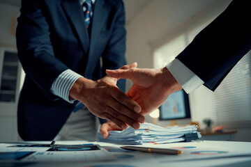 Business people closing a deal with a firm handshake in a modern office, symbolizing trust,...