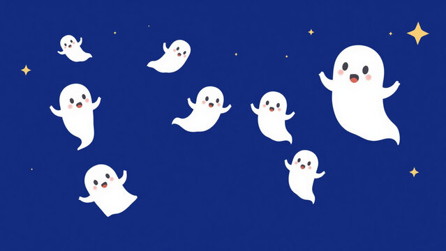 Cute cartoon ghosts floating in the dark blue night sky with stars, happy little spirits for halloween celebration, vector illustration design element