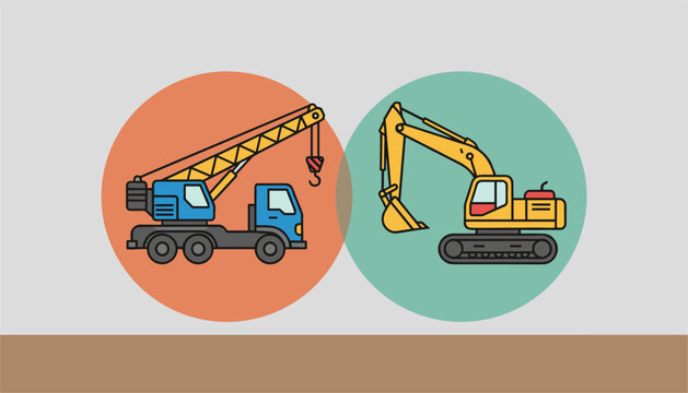 Construction vehicles with a blue mobile crane and a yellow crawler excavator inside colorful circular frames.