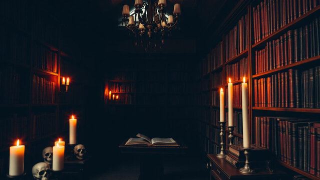 Atmospheric dark library interior with an open book on a table, glowing candles, skulls, and tall wooden bookshelves filled with vintage books in a mysterious gothic setting