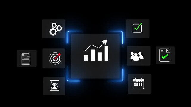 Business goal achievement, workflow and process automation flowchart. Management and organization. Wooden cube block arranging task and project management on blue background