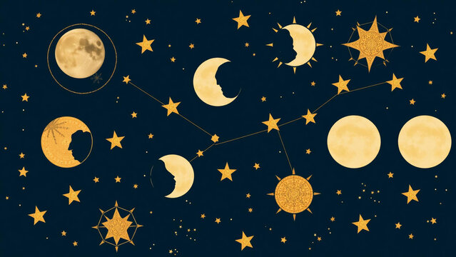 Celestial background with golden moon phases, stars, and constellations on a dark blue night sky, mystical astrology and astronomy pattern for design