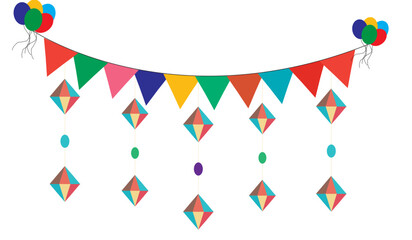 Fototapeta premium Colorful hanging bunting garland vector with balloons kites and geometric lanterns for festival celebration isolated on white background
