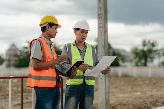 Two construction engineers wearing hard hats and safety vests discussing a blueprint, working together on a project site
