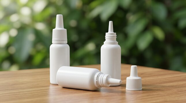 White nasal spray bottles on wooden table, blank medical dropper bottles mockup, pharmaceutical packaging with natural green background